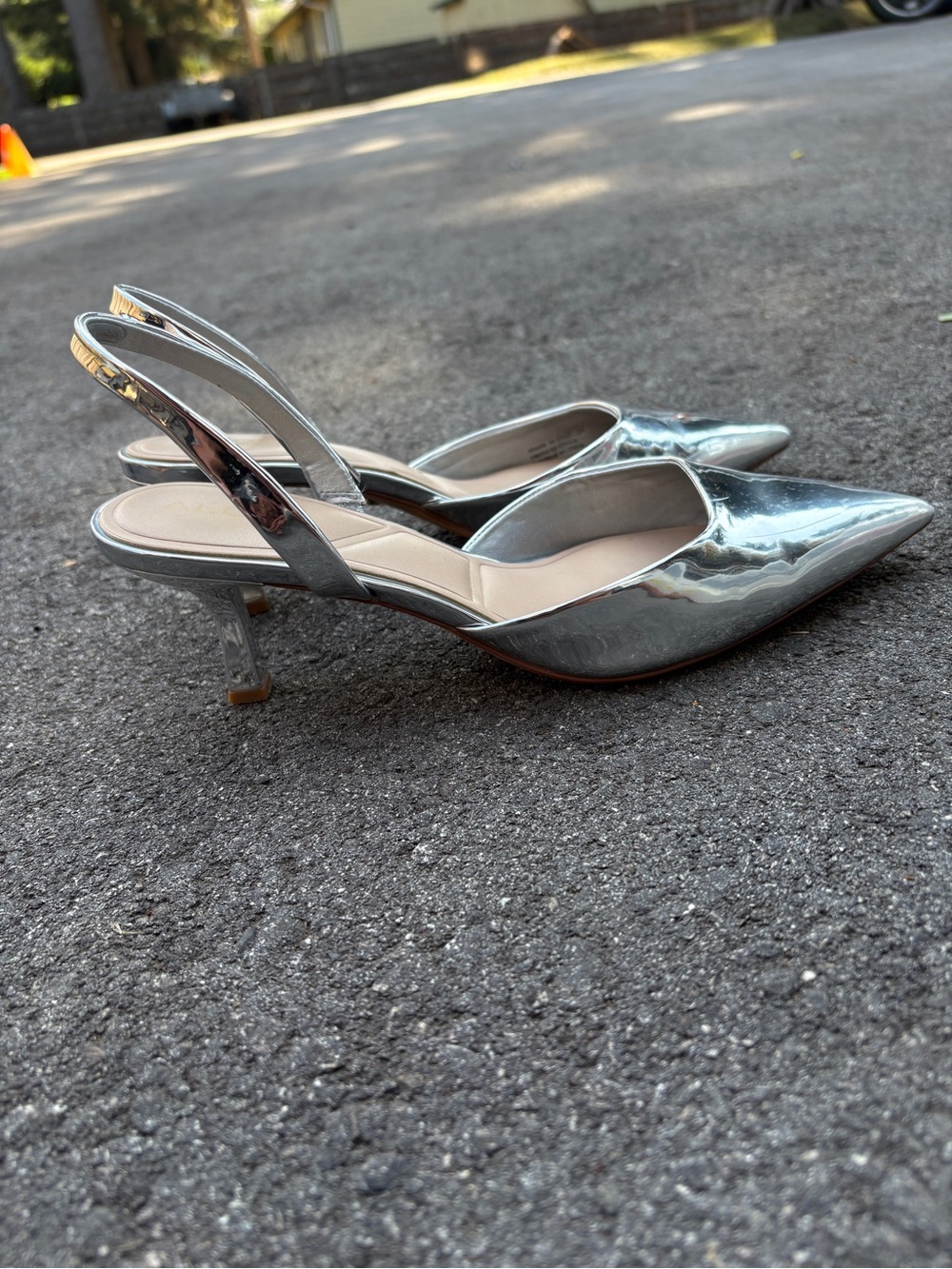 Aldo Silver Pointed-Toe Slingback Kitten Heels